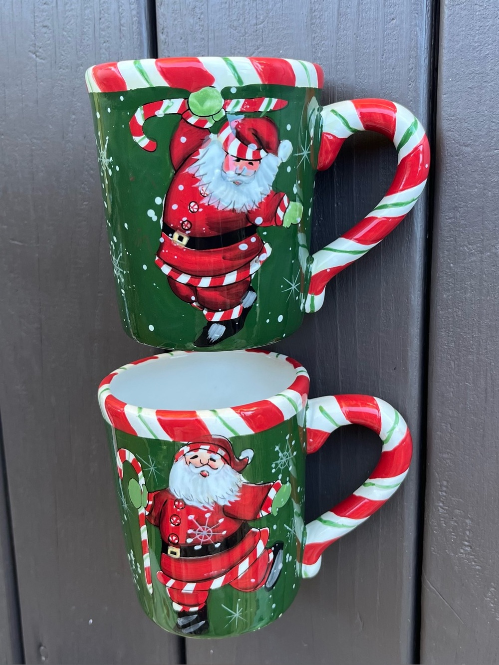 Vintage Certified International Susan Winget 2 Candy Cane Trim Santa Mugs